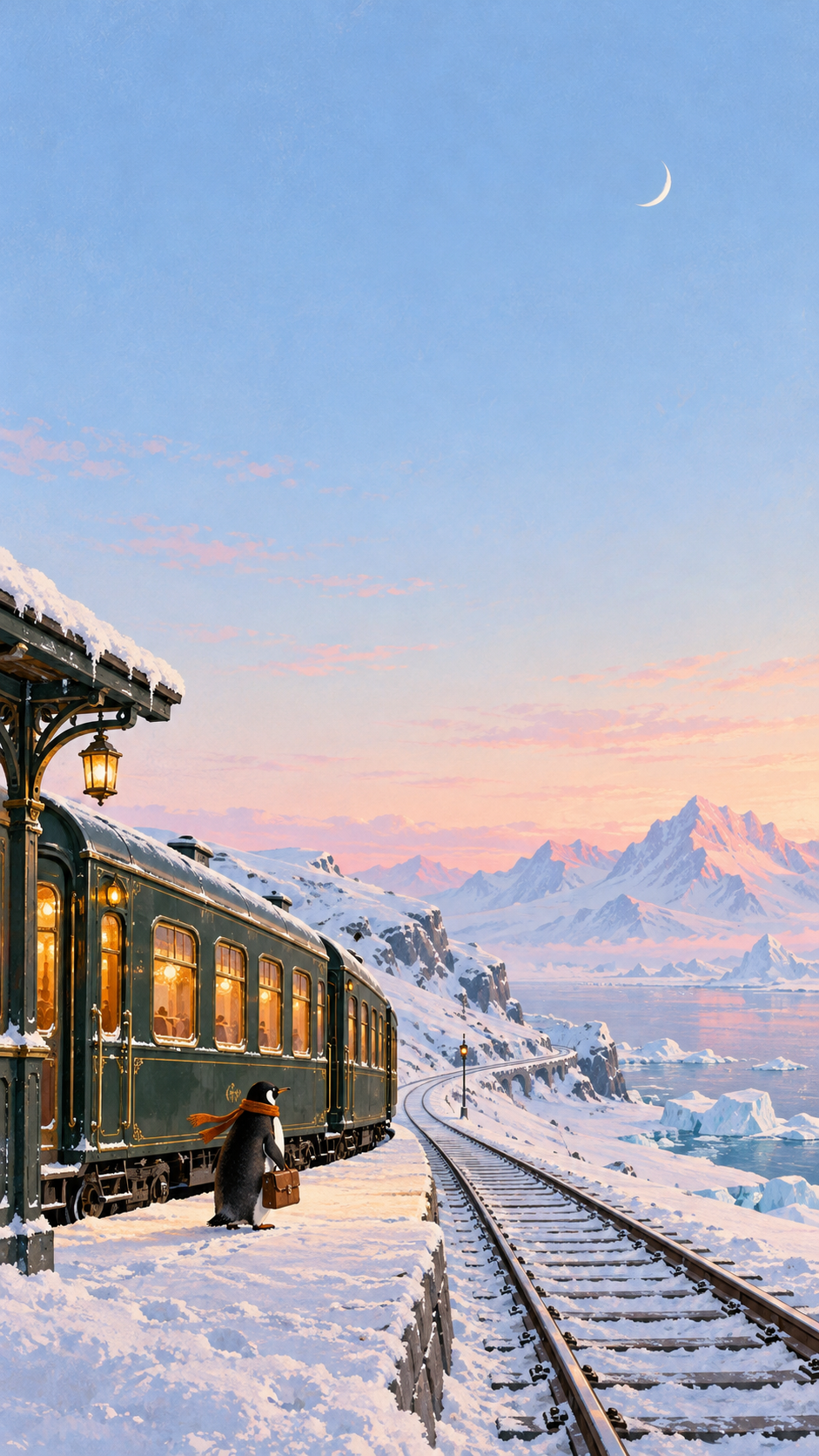 黎明中的雪地列車與圍橘色圍巾的企鵝郵差